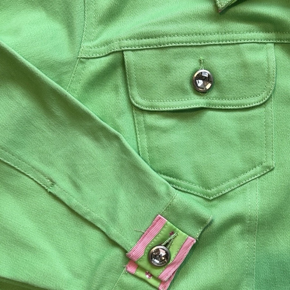 QUACKER FACTORY Green Jacket sz 1X Grosgrain Ribbon Pink Whale Trim Resortwear - Picture 7 of 11